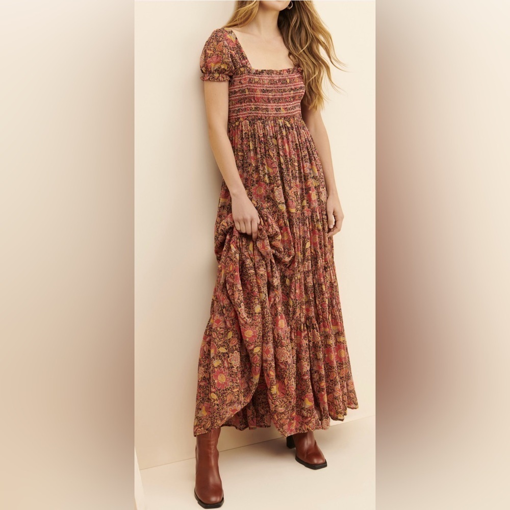 EUC Free People Getaway Maxi Dress Sz S Smocked Elastic Top Tiered Skirt